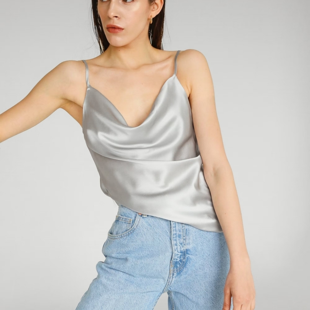 Victoria And Sophia Large Silver Satin Cowl Neck Top Crop NYE Chrome Christmas